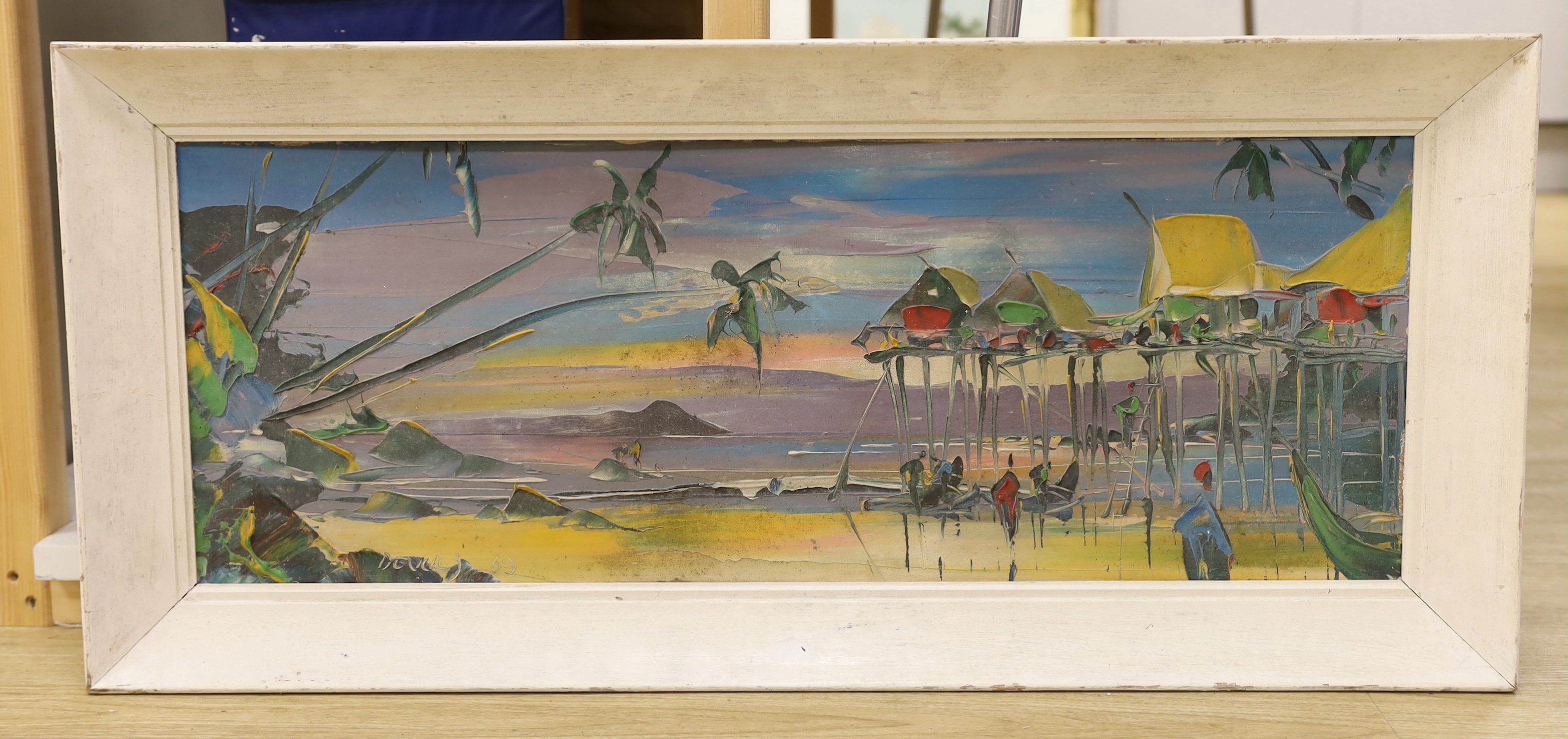George Richard Deakins, oil on canvas, Caribbean beach scene, signed and dated '69, 30 x 80cm